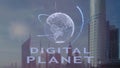 Digital planet text with 3d hologram of the planet Earth against the backdrop of the modern metropolis Royalty Free Stock Photo