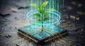 Digital Plant Growing from Microchip with Binary Code and Glowing Rings technology innovation Royalty Free Stock Photo