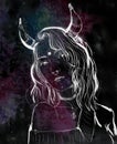 Digital portret of fantasy woman with horns on dark background