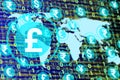 digital pound icon isolated on other currency, world map and numbers