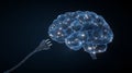 Digital power plug connecting to glowing wireframe brain made of blue network lines and nodes on dark background Royalty Free Stock Photo