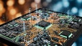 Digital Processor on Futuristic Circuit Board with Data Flow Royalty Free Stock Photo
