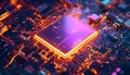 digital processor glowing brightly. Futuristic tech circuit board with light lines, chips. Advanced data processing Royalty Free Stock Photo
