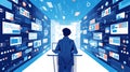Digital professional viewing multiple screens in a futuristic workspace
