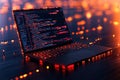 Digital Programmer\'s Workspace with Glowing Data Streams and Cyberpunk Aesthetic