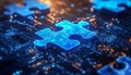 Digital puzzle piece integrated with circuit board and glowing technology elements Royalty Free Stock Photo