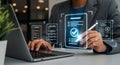 Digital Quality Assurance Process on Laptop with Hologram Checklists and Certification Verification Royalty Free Stock Photo