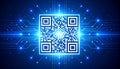 Digital Quick Response Code Interacting with a Futuristic Glowing Blue Circuit Board Matrix Background Representing High Speed Royalty Free Stock Photo