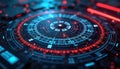 Digital radar interface with glowing blue and red lights. Circular display shows complex data grids. Futuristic system monitors Royalty Free Stock Photo