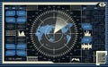 Digital radar screen with world map, targets and futuristic user interface of blue and beige shades on dark background Royalty Free Stock Photo