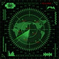 Digital radar screen with world map, targets and futuristic user interface of green shades on dark background Royalty Free Stock Photo