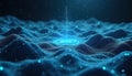 Digital radar tech maps terrain. Abstract tech concept. Blue tech landscape. Data visualization. Communication tech. Modern tech