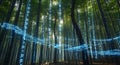 Digital Rain in Bamboo Forest Binary Code Falling Through Green Trees Royalty Free Stock Photo