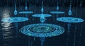 Digital Rain Binary Code Drops Creating Ripples on a Dark Water Surface Royalty Free Stock Photo