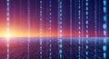 Digital rain of binary code falling from the sky with a vibrant sunset horizon Royalty Free Stock Photo