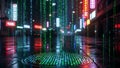 Digital Rain Binary Code Falls on Wet Street with Neon City Lights Royalty Free Stock Photo