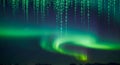 Digital Rain Binary Code Over Stunning Aurora Borealis Sky with Stars Royalty Free Stock Photo