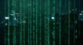 Digital Rain Cityscape at Night, Green Binary Code Falling, Futuristic Technology Concept Royalty Free Stock Photo