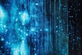 Digital rain creates an immersive atmosphere with glowing blue particles and binary code cascading down a dark background in a Royalty Free Stock Photo