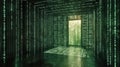 Digital rain falling inside a dark technological room with access to a green forest Royalty Free Stock Photo