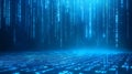Digital rain with glowing binary code cascading in a futuristic, blue environment Royalty Free Stock Photo
