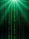 Digital rain of green binary code falling from a bright light source in a dark abstract space technology Royalty Free Stock Photo