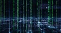Digital rain of green binary code 0s and 1s in a futuristic cyberspace network grid Royalty Free Stock Photo