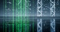Green binary code falling like rain onto wet reflective city street at night Royalty Free Stock Photo