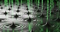 Digital Rain Matrix Drops Forming Ripples on Dark Surface - Abstract Technology Concept Royalty Free Stock Photo
