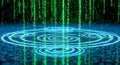 Digital Rain and Ripples Binary Code Falling into Blue Concentric Circles on Water Royalty Free Stock Photo