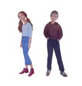 Digital raster illustration boy and girl teenagers standing nearby in blue and burgundy color isolated objects on white background