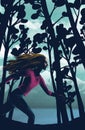 Digital raster illustration girl with her hair running through the forest. Violet, pink and blue colors for advertisement