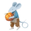 A gray mouse in blue jacket and brawn pants holds the pumpkin