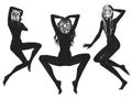 Digital raster illustration sitting girls in mask in black color isolated objects on white background for advertisement