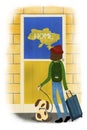 Digital raster illustration, girl with dog and baggage come back home. Bright illustration for support Urkaine civilian.