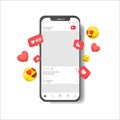 Digital realistic Smartphones with Flying Emoji Reactions. Smartphone Mockup.