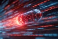 Digital red and blue capsule speeding through streams of binary code symbolizing fast data transmission and futuristic technology Royalty Free Stock Photo