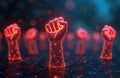 Digital red fists raised high represent cybernetic activism, digital empowerment. Network revolution abstract datum oneness