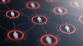 Digital red linked human icons arranged in an interconnected network visualizing organizational charts, team management, and co