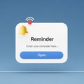 Digital reminder notification pop-up with bell icon and open button on blue background alert Royalty Free Stock Photo