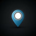 A digital rendering of a blue map pin against a dark background. The pin has a glossy Royalty Free Stock Photo