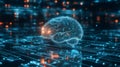 A digital rendering of a brain, depicted with intricate circuit patterns, hovers above a technologically themed background