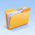 A digital rendering of a bright yellow folder containing papers with blue tabs, set against a light Royalty Free Stock Photo