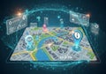 A digital rendering of a city map augmented with various virtual elements, suggesting a tech-driven Royalty Free Stock Photo