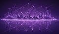A digital rendering of a cityscape surrounded by a network of glowing lines on a purple background.