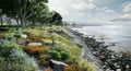 A digital rendering of a coastal region showcasing innovative techniques for controlling erosion and restoring native