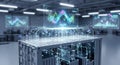 A digital rendering of a data center with a focus on a server rack. The Royalty Free Stock Photo