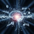 A digital rendering depicts a glowing, networked brain in th Royalty Free Stock Photo