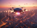 AI drone above futuristic city at sunset