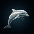 A digital rendering of a dolphin features a glossy, iridescent texture displaying a